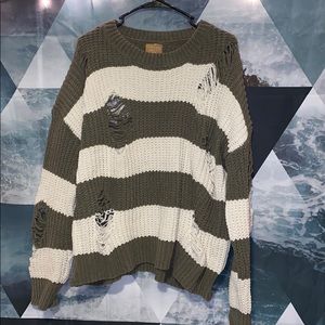 Olive and white distressed sweater